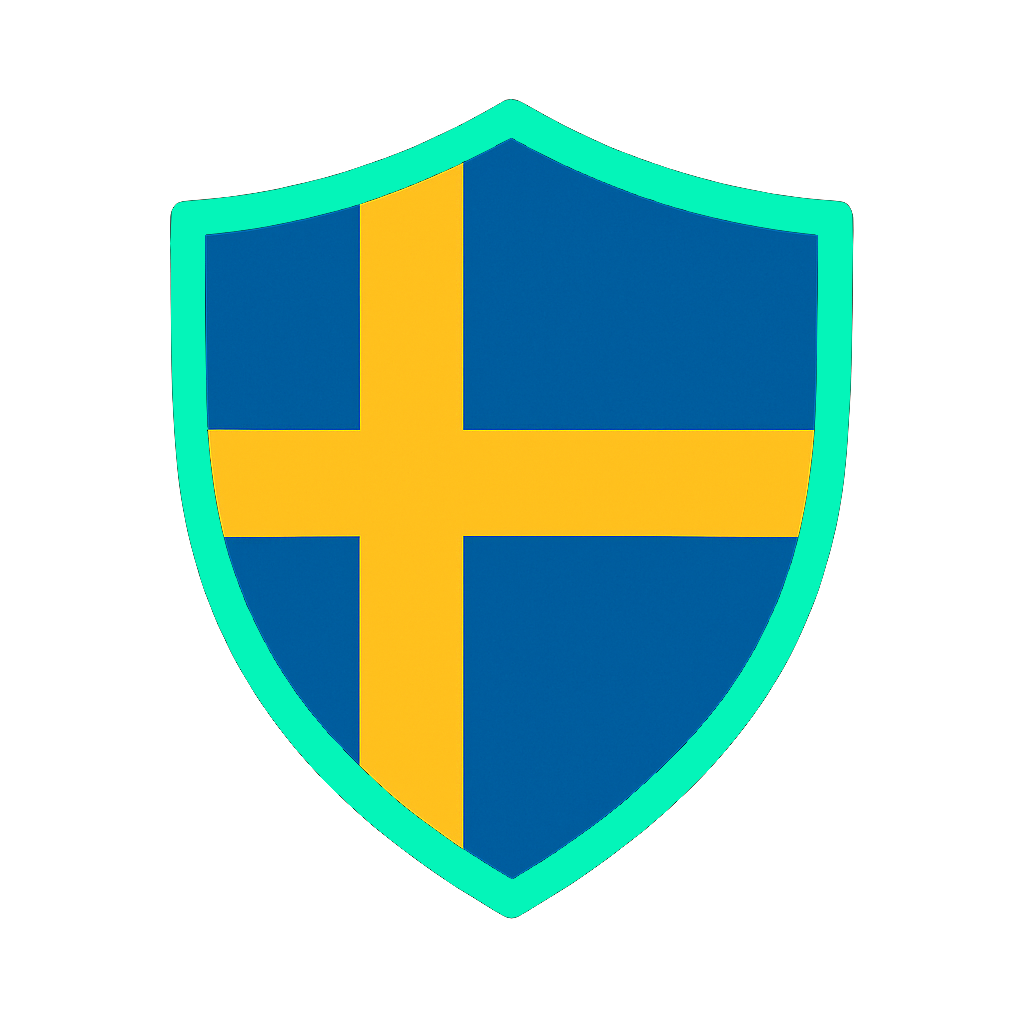 Secure and sovereign data hosting in Sweden icon with shield and Swedish flag.
